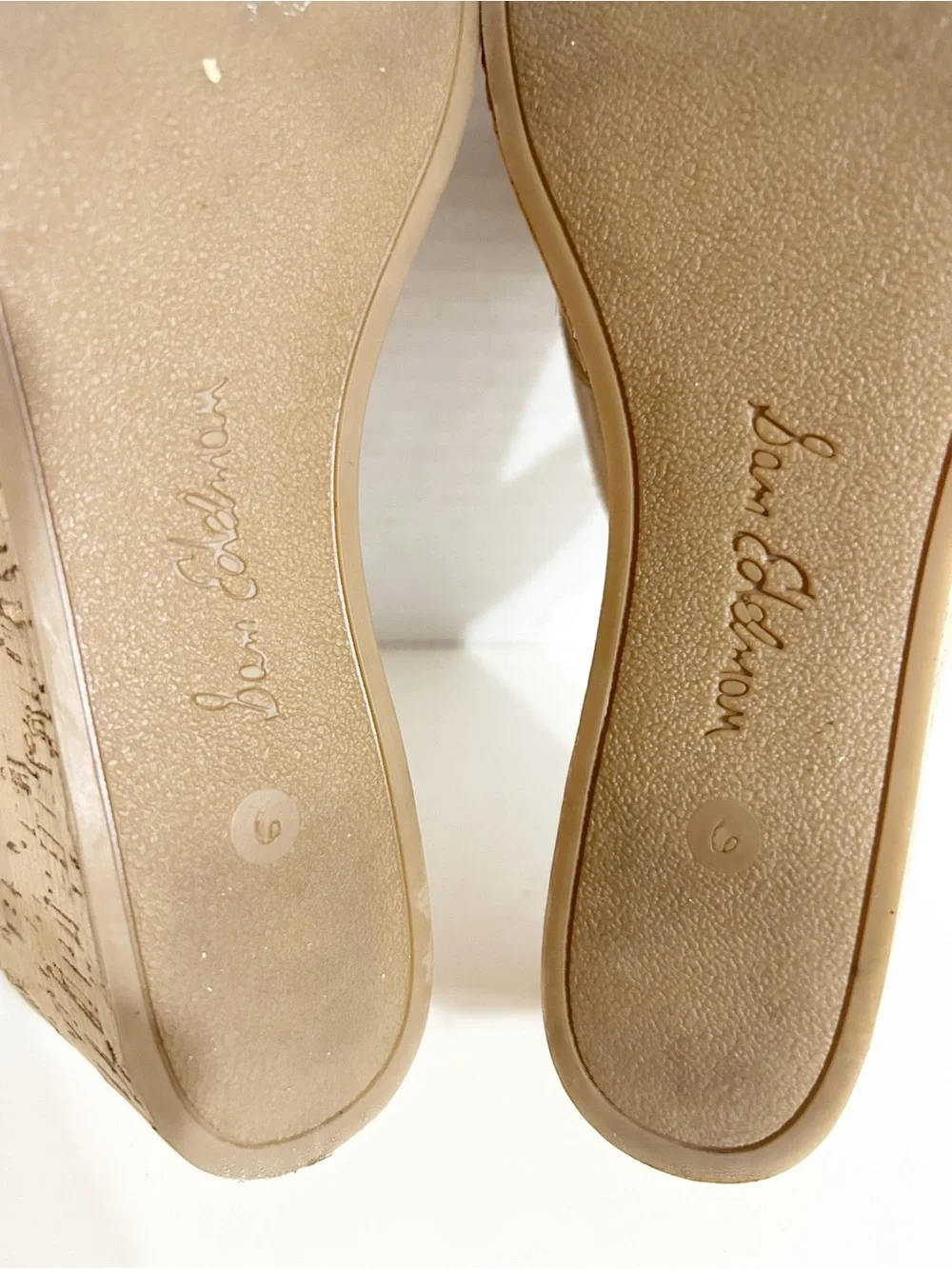Sam Edelman Romy FF Patent Cork Wedge Thong Sandals – Nude Beige – Size 6M / 36